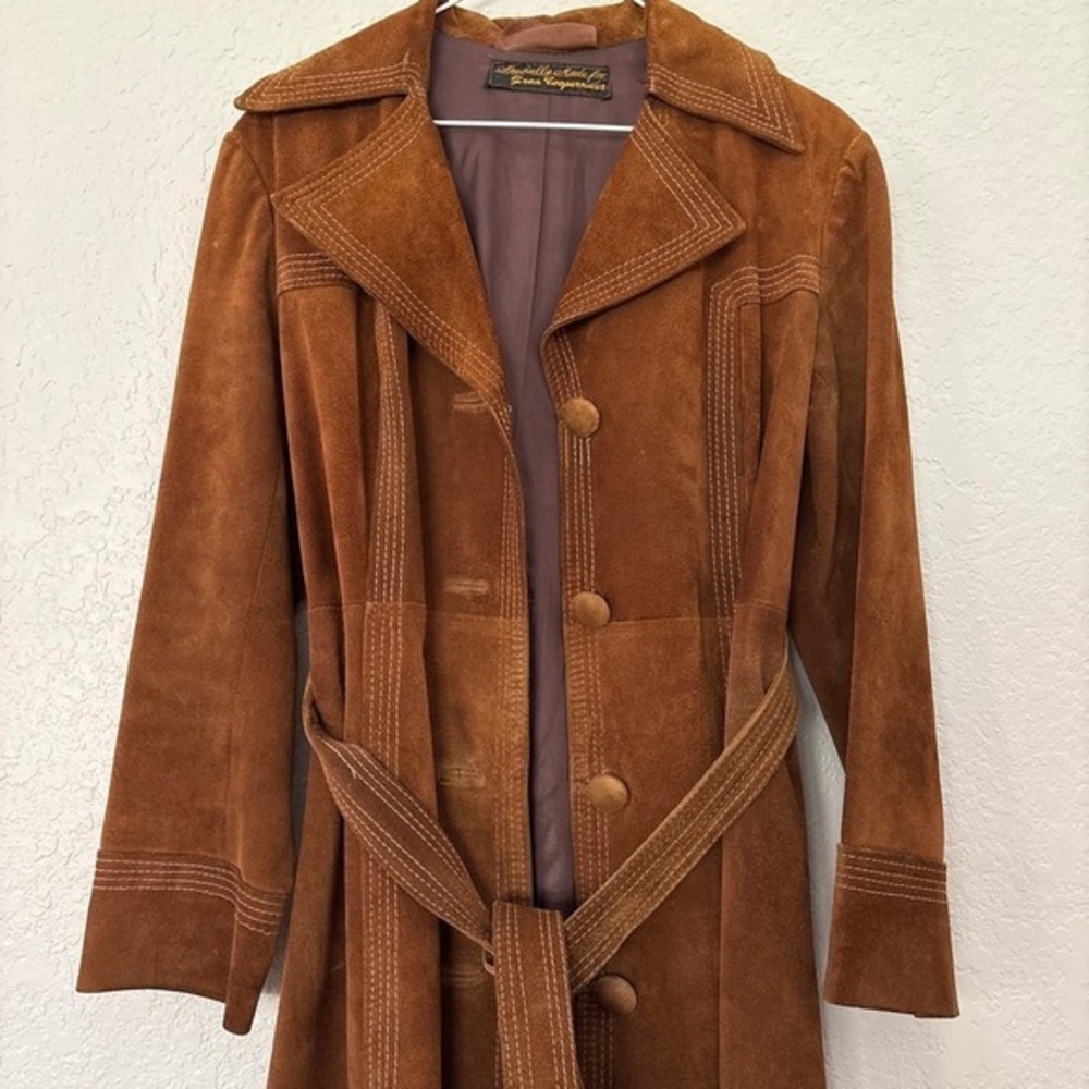 VTG 70s Custom made belted suede trench coat with lapel collar